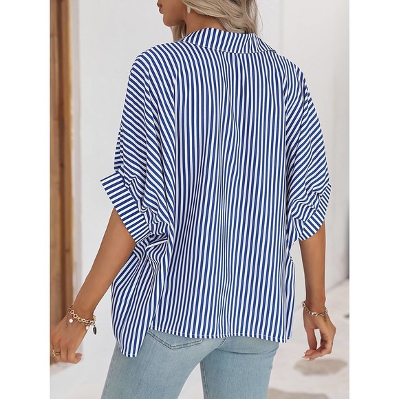 boho minimalist preppy Striped black white button up Batwing Sleeve Shirt - Picture 5 of 11